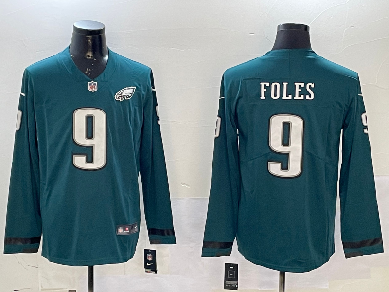 Men Philadelphia Eagles #9 Foles green long sleeve 2025 Nike NFL jersey style 0112